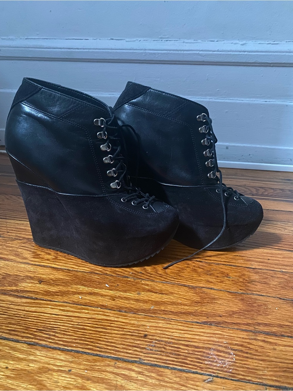 YSL Black Lace-Up Wedge Ankle Boots 40